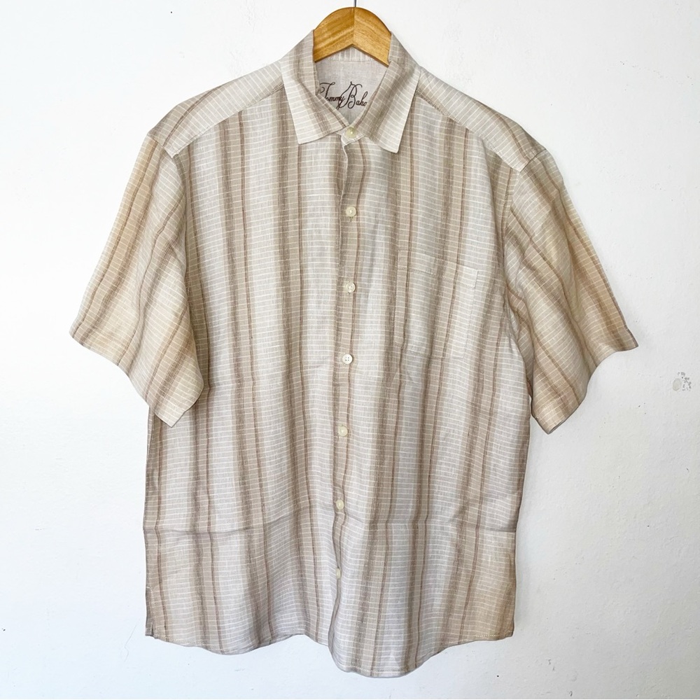TOMMY BAHAMA Mens Linen Button Up Stripe Shirt L White Tan Short Sleeves Beachy
